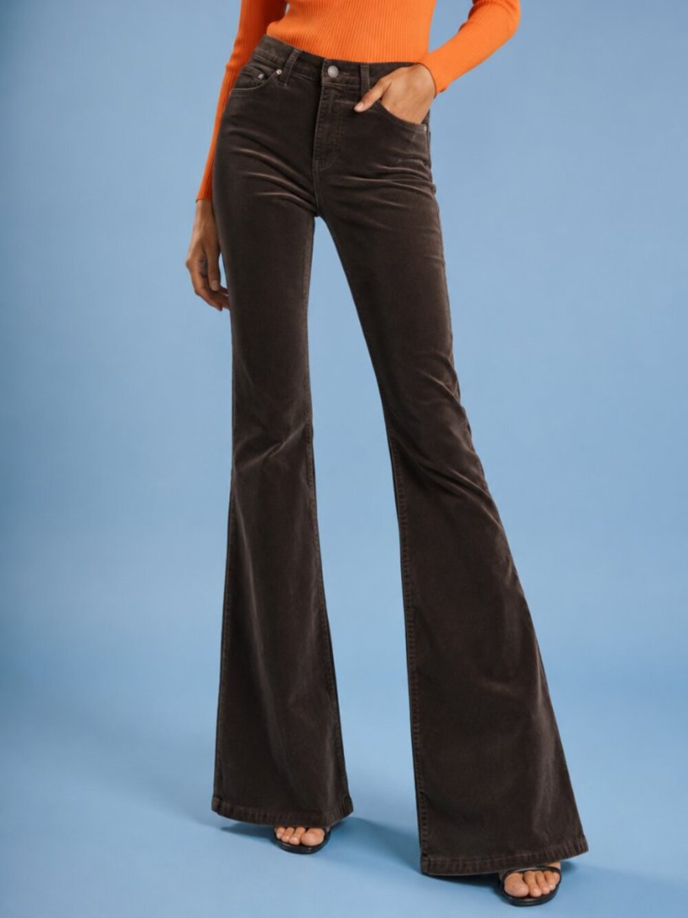 Y2K Premium Denim Luxe High Rise Flare Velvet Boho Pants Brown Long